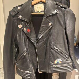 Maje Black Leather Jacket with Colorful Patches